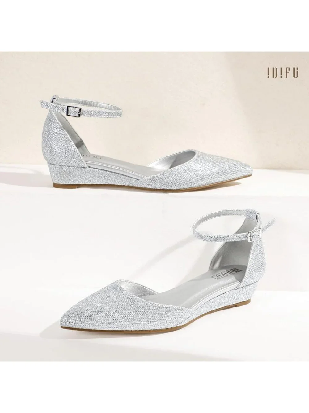 Women's Silver Glitter Low Wedge Closed Pointed Toe Adjustable Ankle Strap Shoes